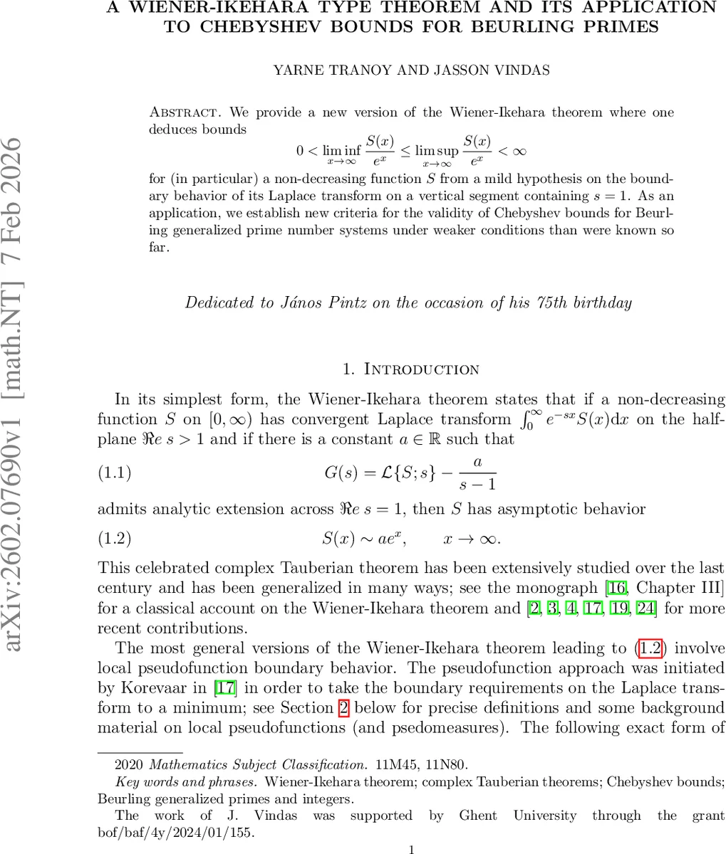A Wiener-Ikehara type theorem and its application to Chebyshev bounds for Beurling primes
