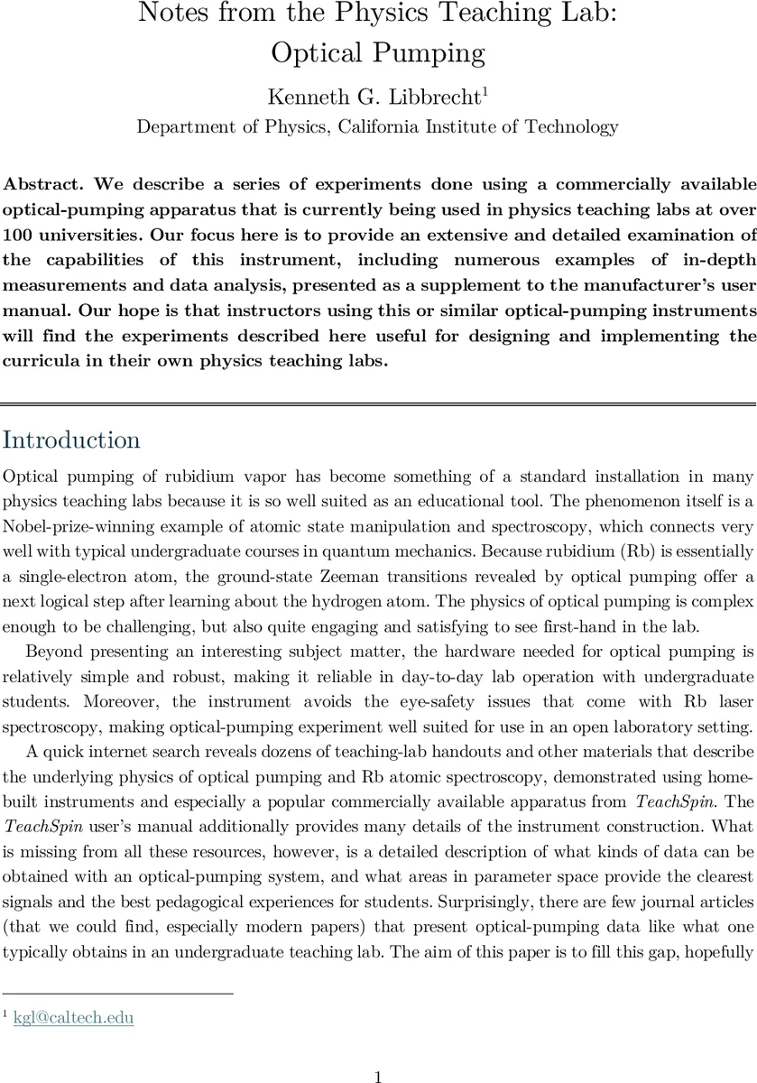 Notes from the Physics Teaching Lab: Optical Pumping
