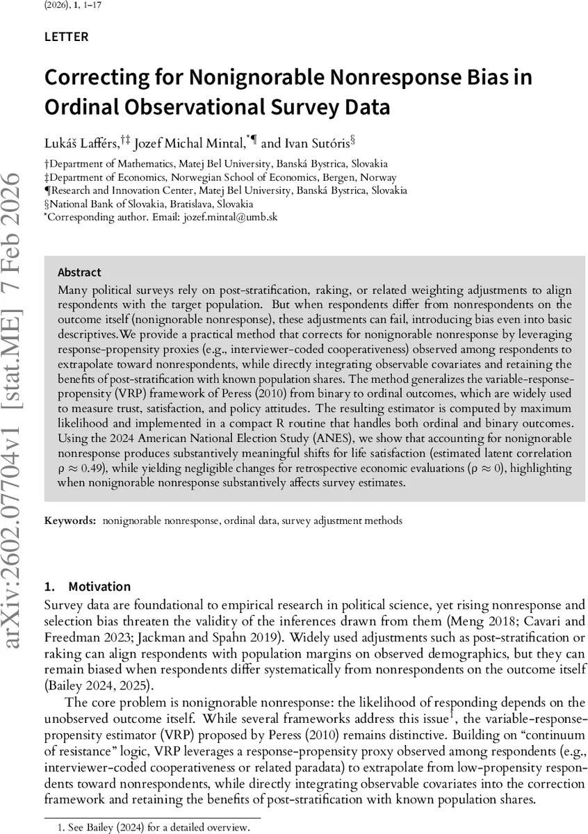 Correcting for Nonignorable Nonresponse Bias in Ordinal Observational Survey Data