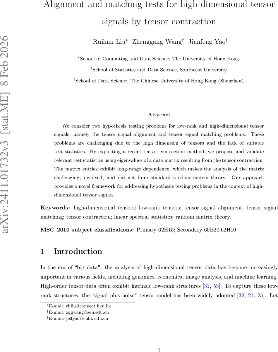 Alignment and matching tests for high-dimensional tensor signals via tensor contraction