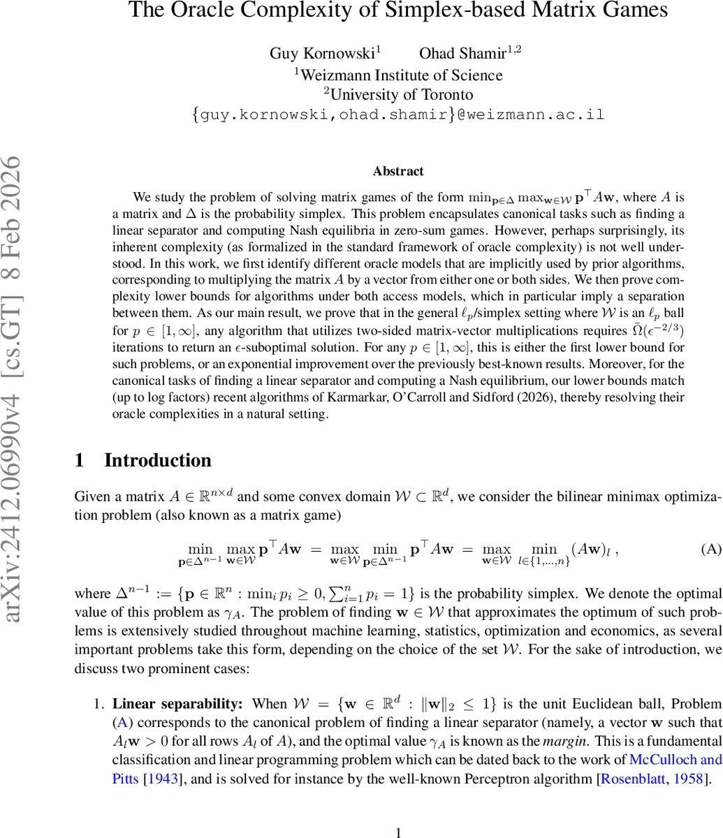 The Oracle Complexity of Simplex-based Matrix Games