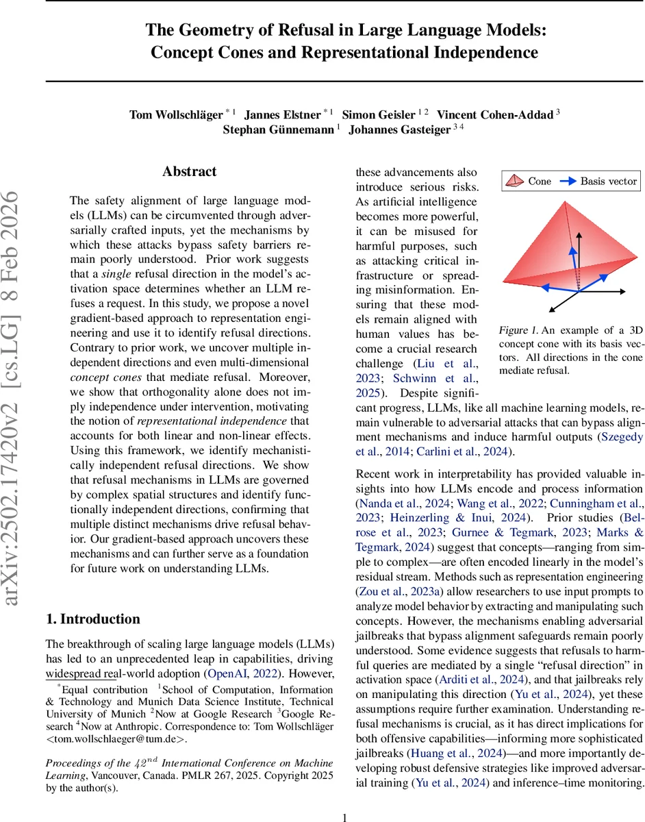 The Geometry of Refusal in Large Language Models: Concept Cones and Representational Independence