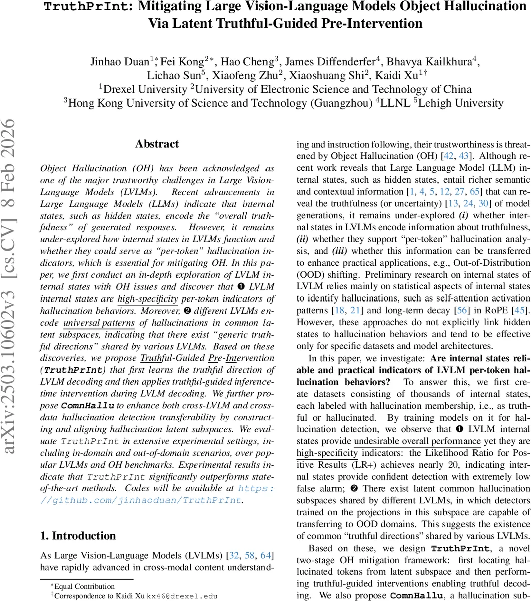 TruthPrInt: Mitigating Large Vision-Language Models Object Hallucination Via Latent Truthful-Guided Pre-Intervention