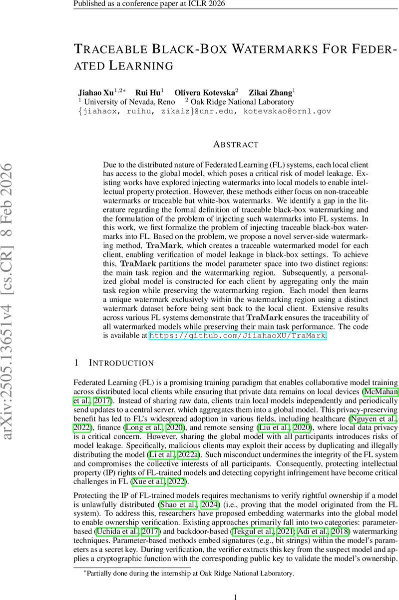Traceable Black-box Watermarks for Federated Learning
