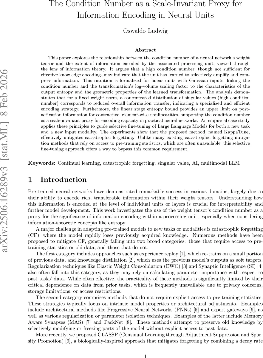 The Condition Number as a Scale-Invariant Proxy for Information Encoding in Neural Units