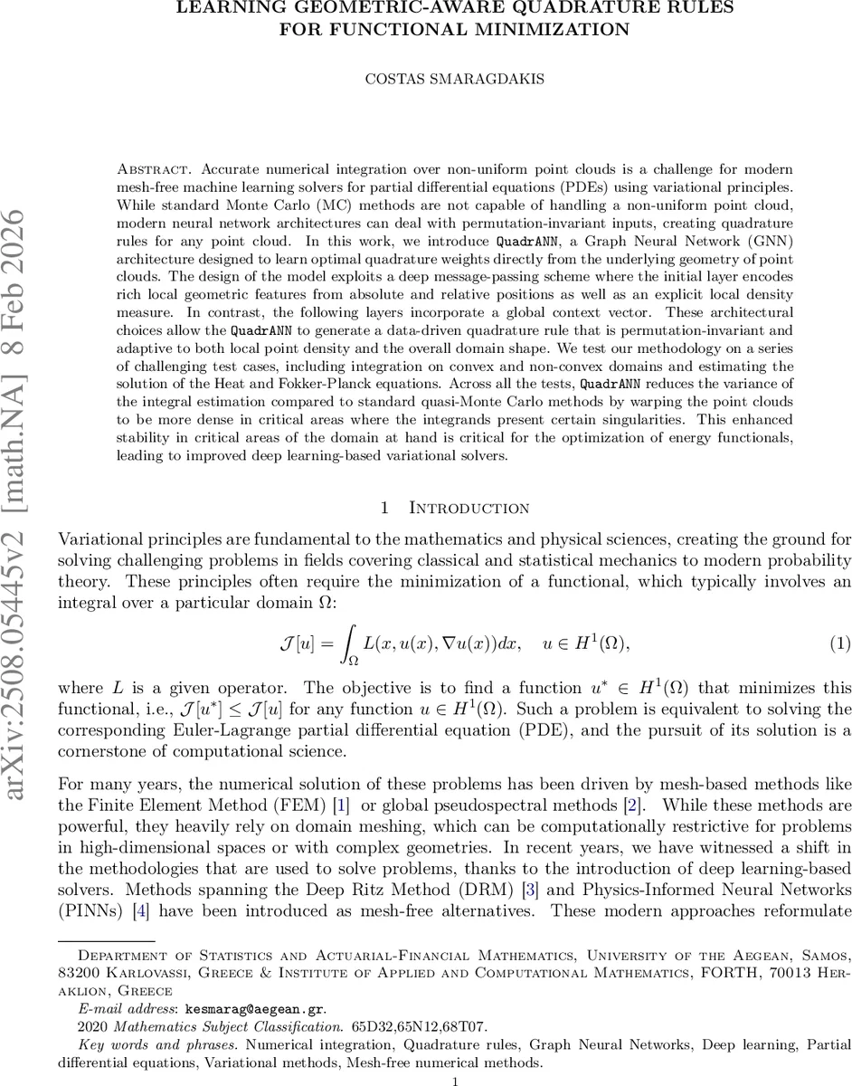 Learning Geometric-Aware Quadrature Rules for Functional Minimization
