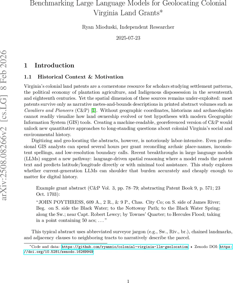 Benchmarking Large Language Models for Geolocating Colonial Virginia Land Grants