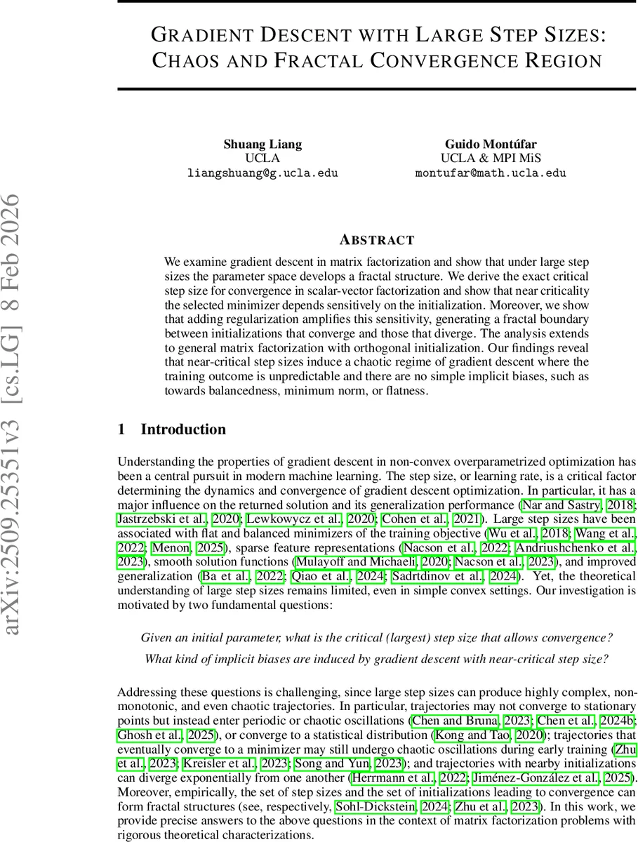 Gradient Descent with Large Step Sizes: Chaos and Fractal Convergence Region