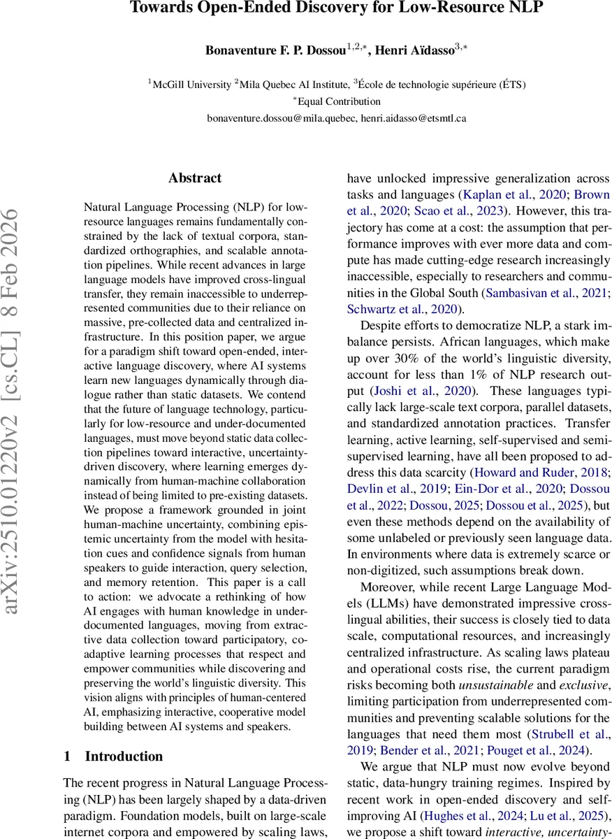 Towards Open-Ended Discovery for Low-Resource NLP