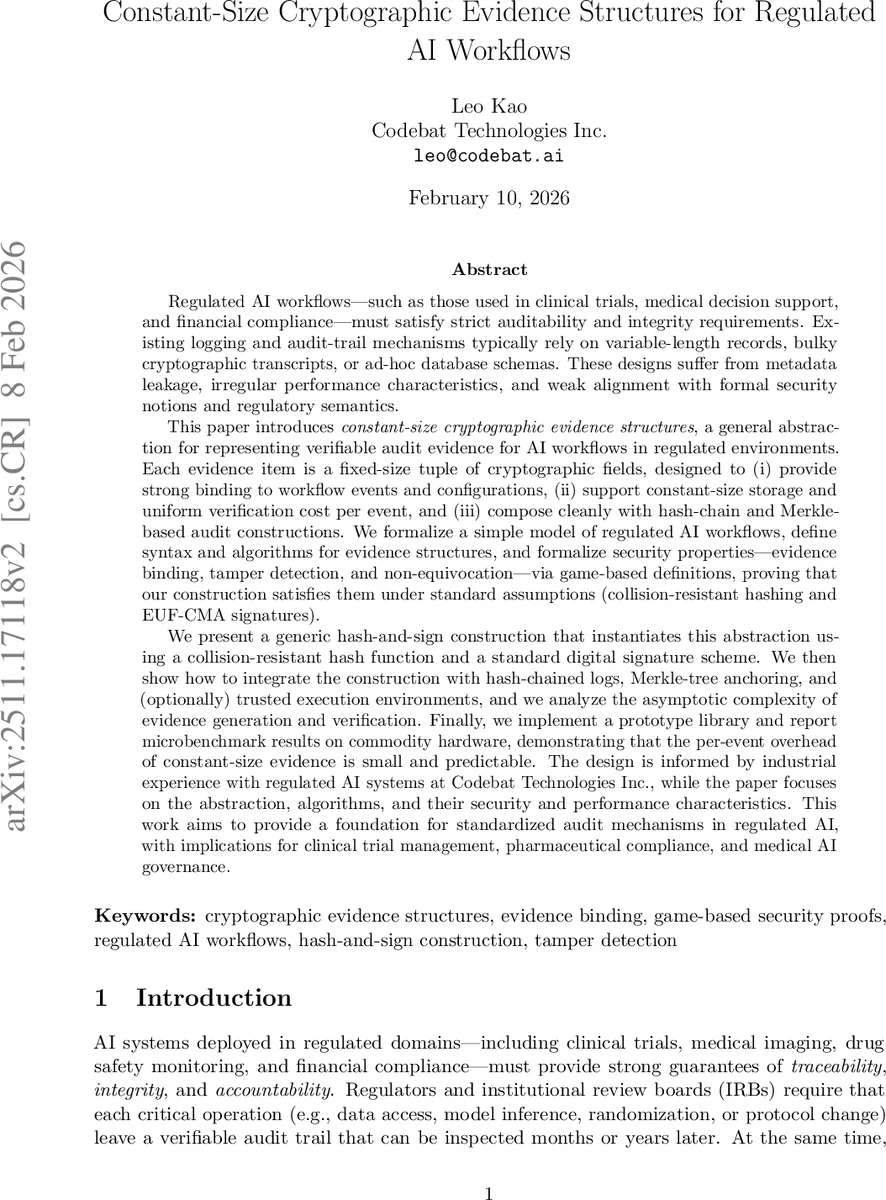 Constant-Size Cryptographic Evidence Structures for Regulated AI Workflows