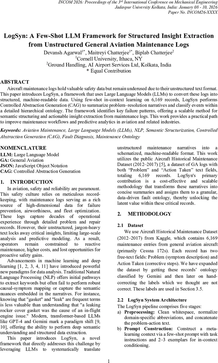 LogSyn: A Few-Shot LLM Framework for Structured Insight Extraction from Unstructured General Aviation Maintenance Logs