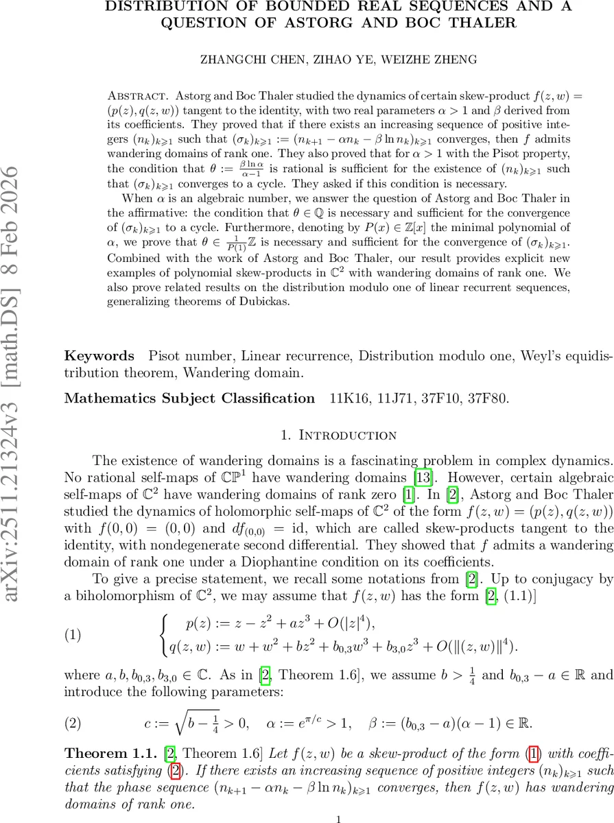 Distribution of bounded real sequences and a question of Astorg and Boc Thaler