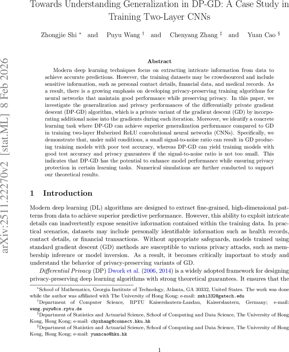 Towards Understanding Generalization in DP-GD: A Case Study in Training Two-Layer CNNs