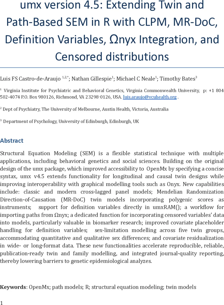 umx version 4.5: Extending Twin and Path-Based SEM in R with CLPM, MR-DoC, Definition Variables, $Ω$nyx Integration, and Censored Distributions