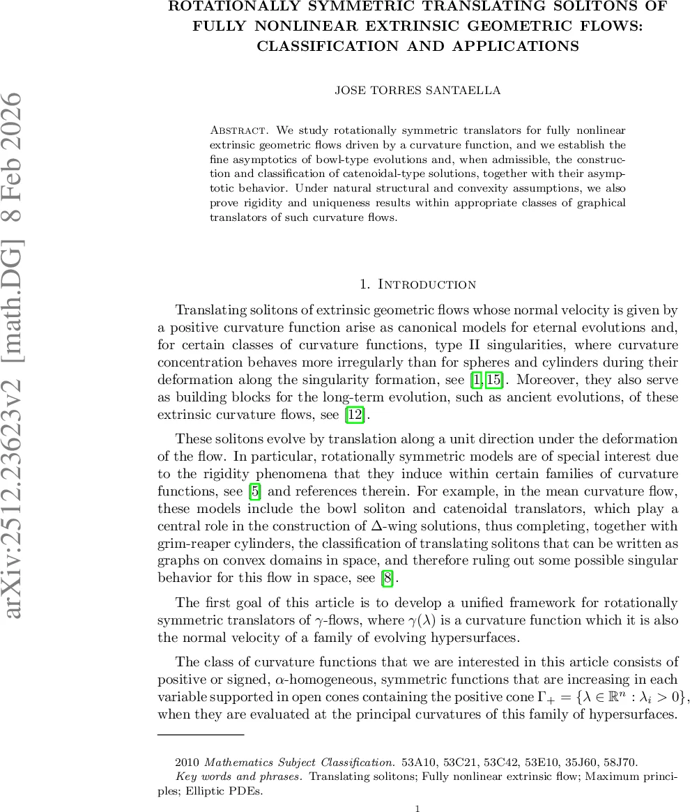 Rotationally symmetric translating solitons of fully nonlinear extrinsic geometric flows: Classification and Applications