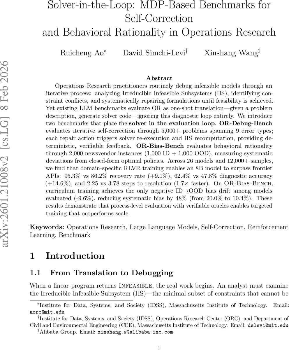 Solver-in-the-Loop: MDP-Based Benchmarks for Self-Correction and Behavioral Rationality in Operations Research