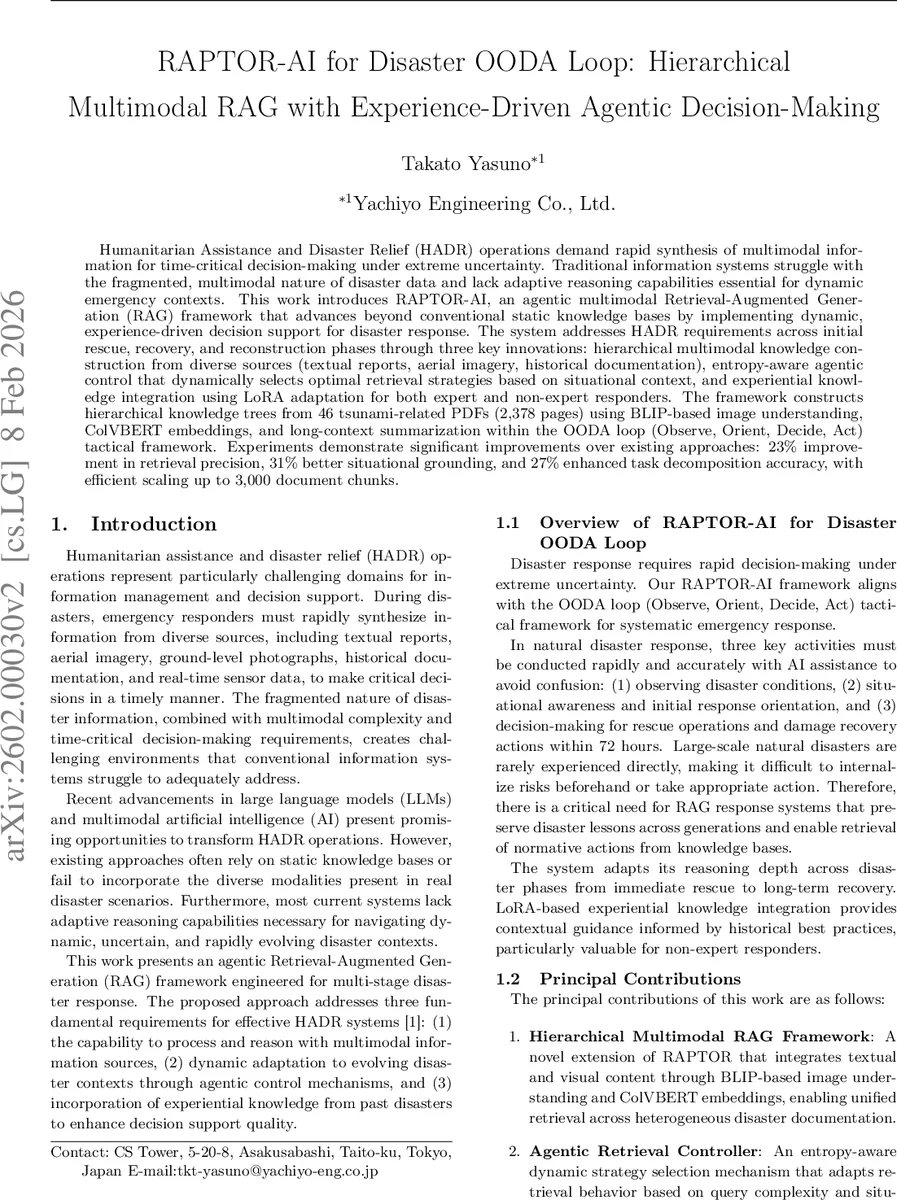 RAPTOR-AI for Disaster OODA Loop: Hierarchical Multimodal RAG with Experience-Driven Agentic Decision-Making