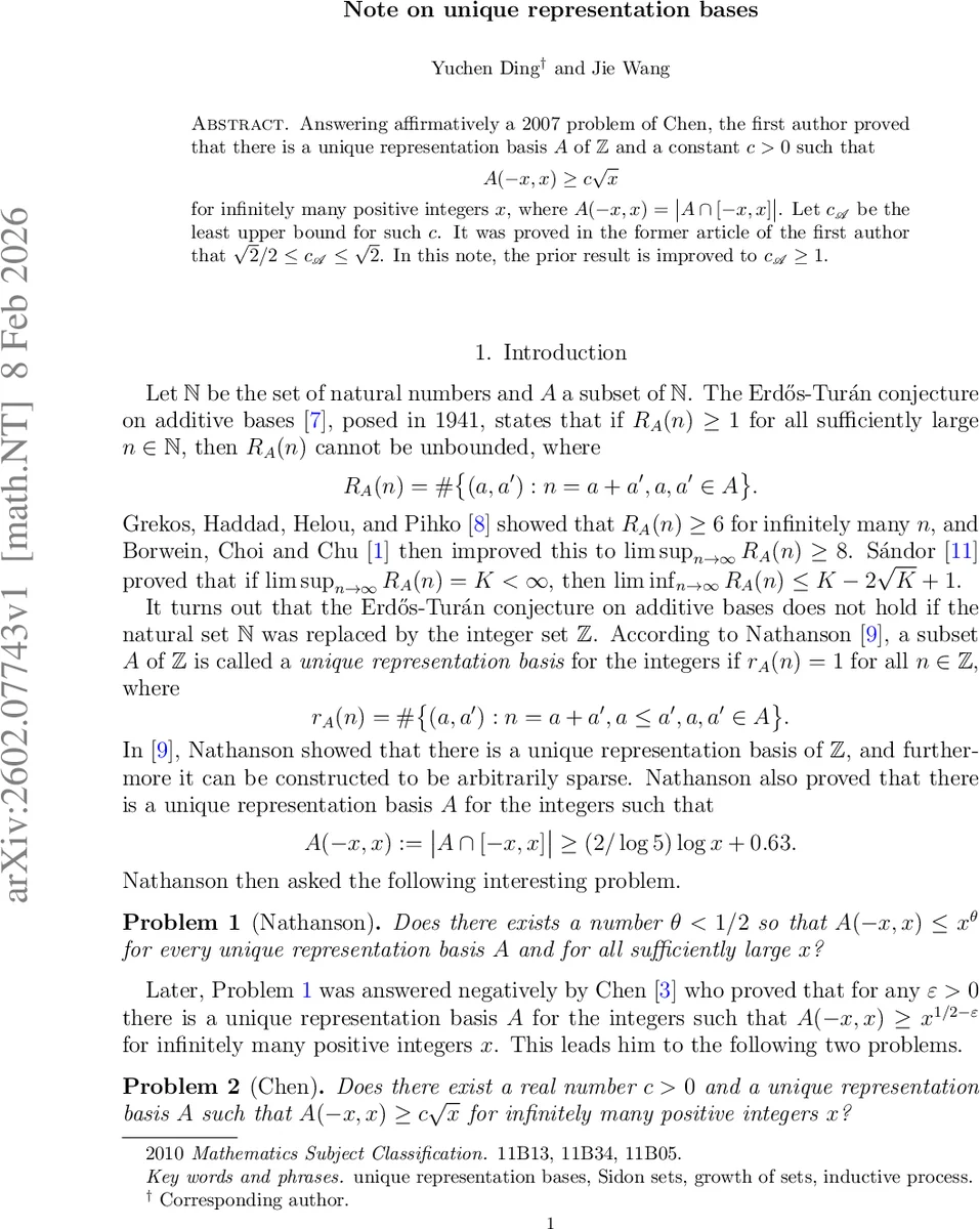 Note on unique representation bases