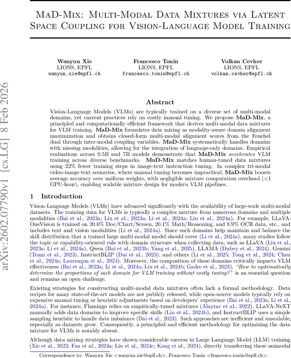 MaD-Mix: Multi-Modal Data Mixtures via Latent Space Coupling for Vision-Language Model Training
