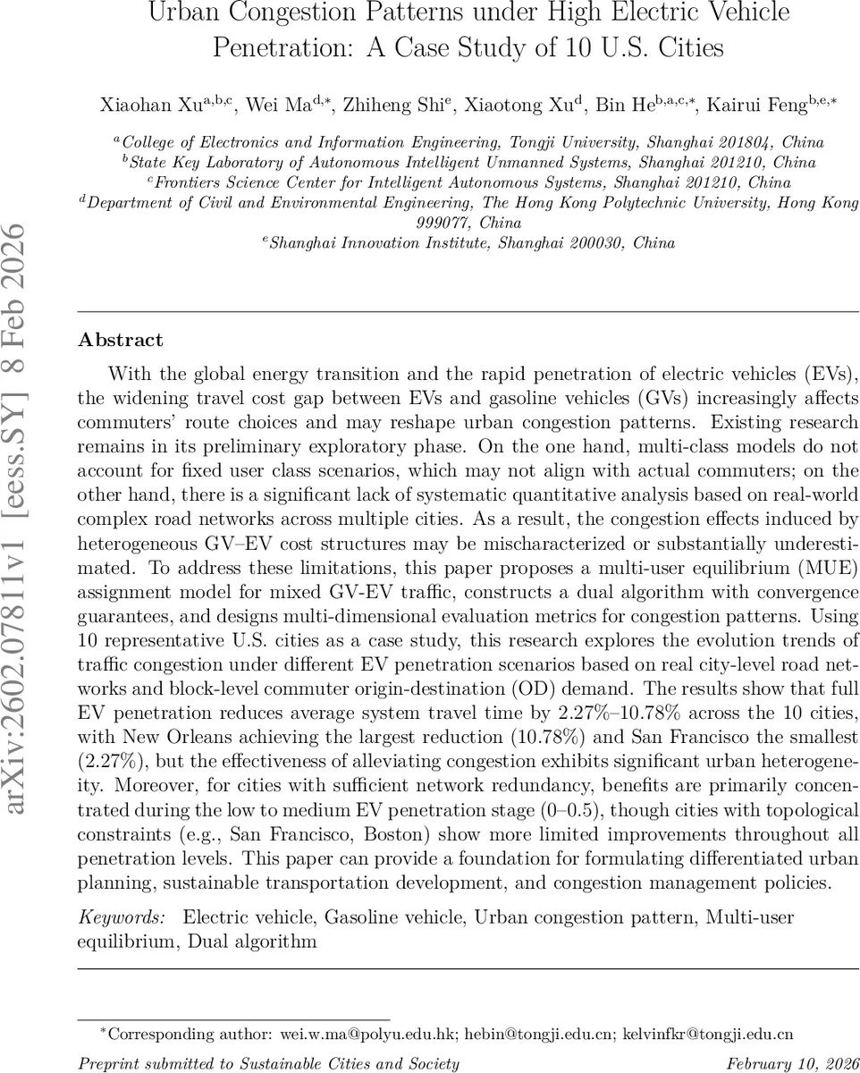 Urban Congestion Patterns under High Electric Vehicle Penetration: A Case Study of 10 U.S. Cities