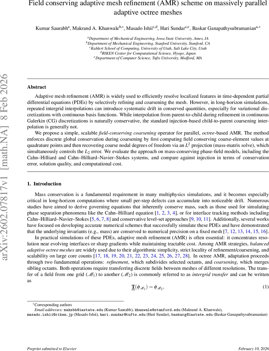 Field conserving adaptive mesh refinement (AMR) scheme on massively parallel adaptive octree meshes