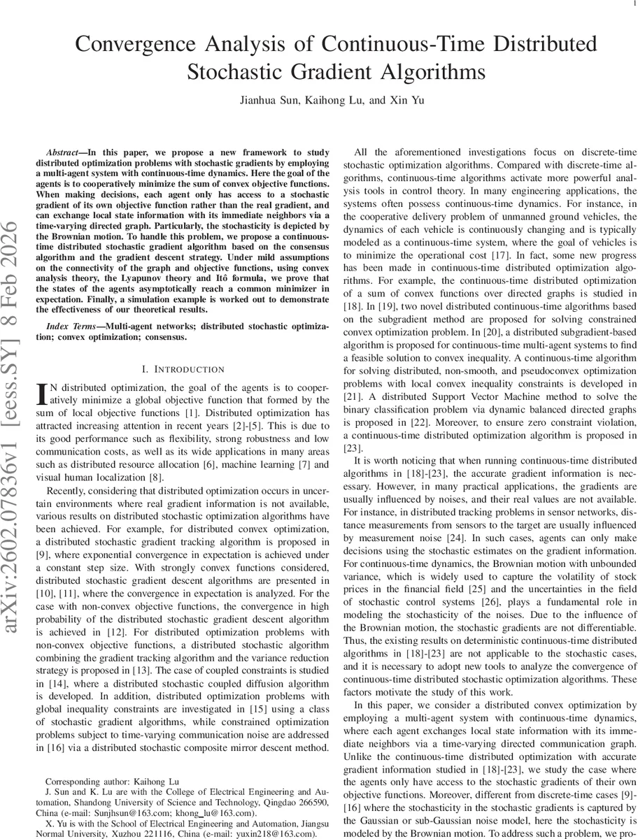 Convergence Analysis of Continuous-Time Distributed Stochastic Gradient Algorithms