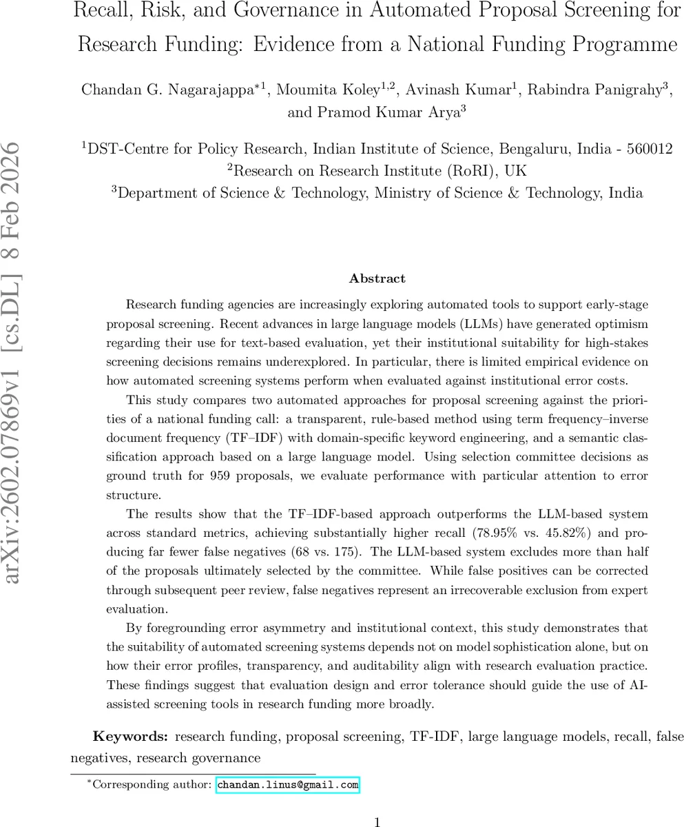 Recall, Risk, and Governance in Automated Proposal Screening for Research Funding: Evidence from a National Funding Programme
