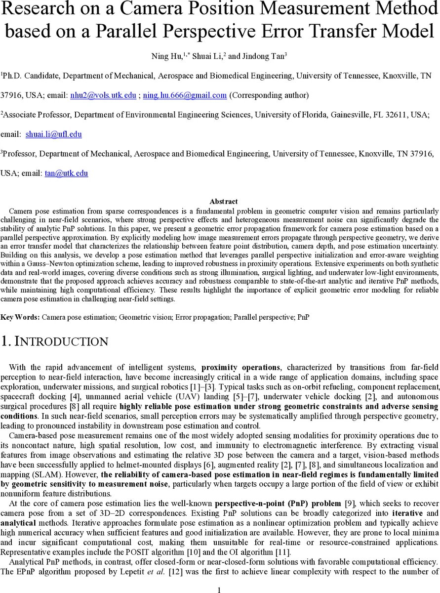 Research on a Camera Position Measurement Method based on a Parallel Perspective Error Transfer Model