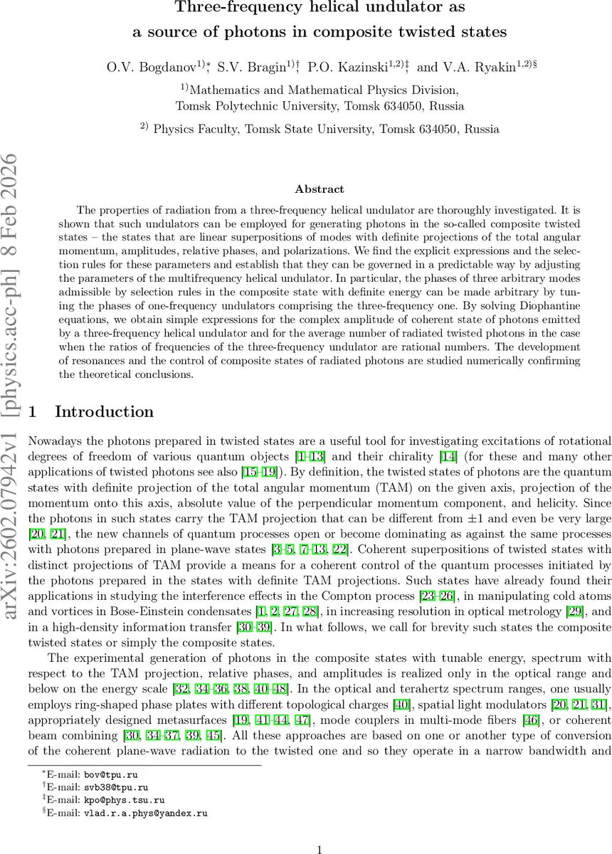 Three-frequency helical undulator as a source of photons in composite twisted states