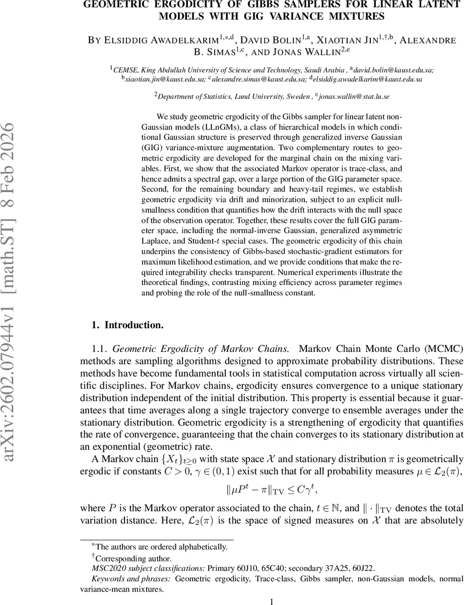 Geometric ergodicity of Gibbs samplers for linear latent models with GIG variance mixtures