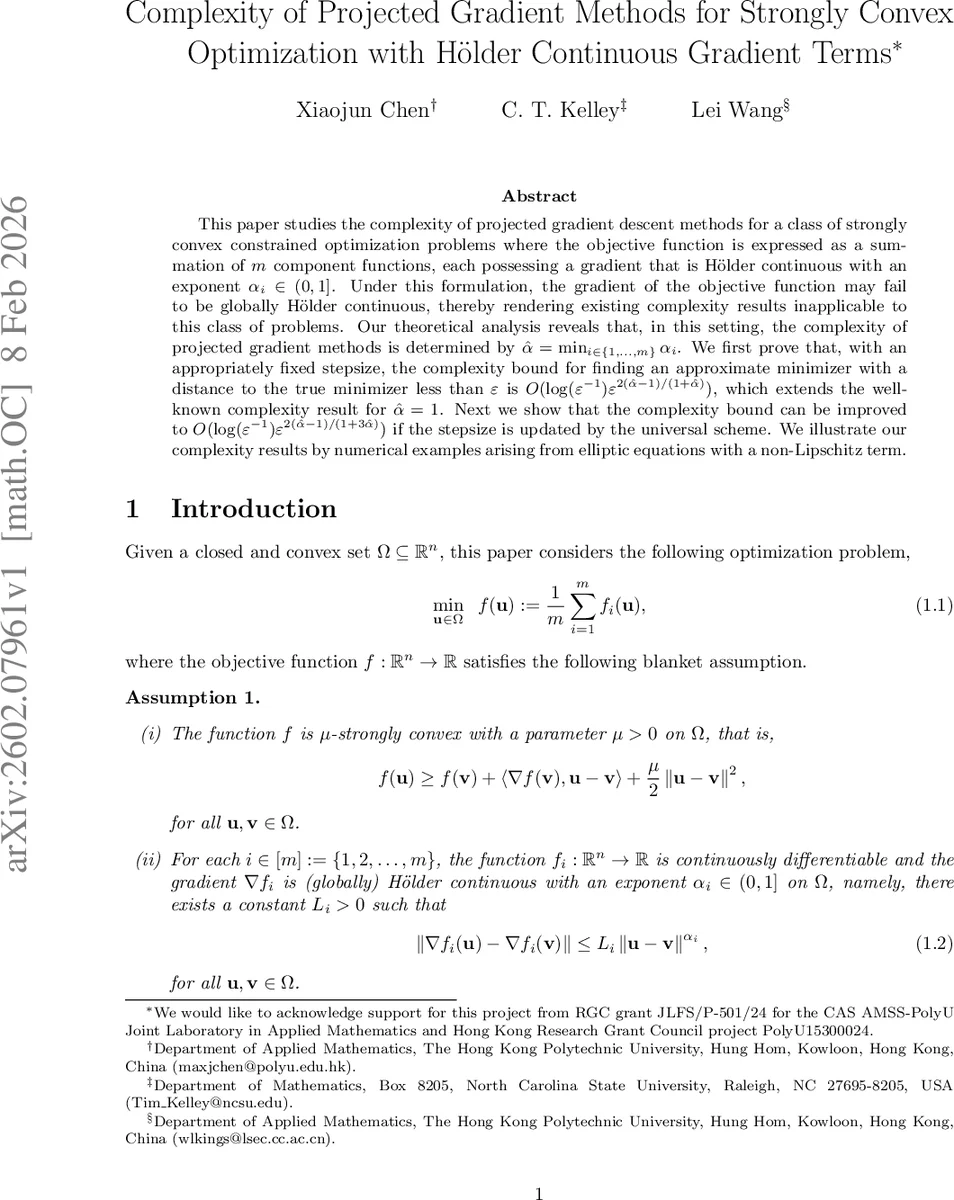 Complexity of Projected Gradient Methods for Strongly Convex Optimization with Hölder Continuous Gradient Terms