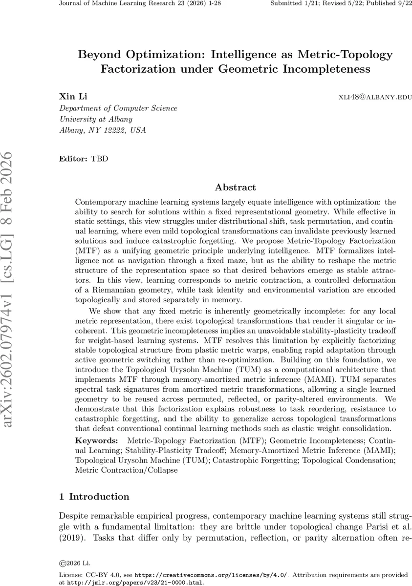 Beyond Optimization: Intelligence as Metric-Topology Factorization under Geometric Incompleteness
