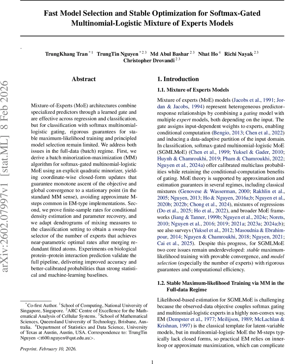 Fast Model Selection and Stable Optimization for Softmax-Gated Multinomial-Logistic Mixture of Experts Models