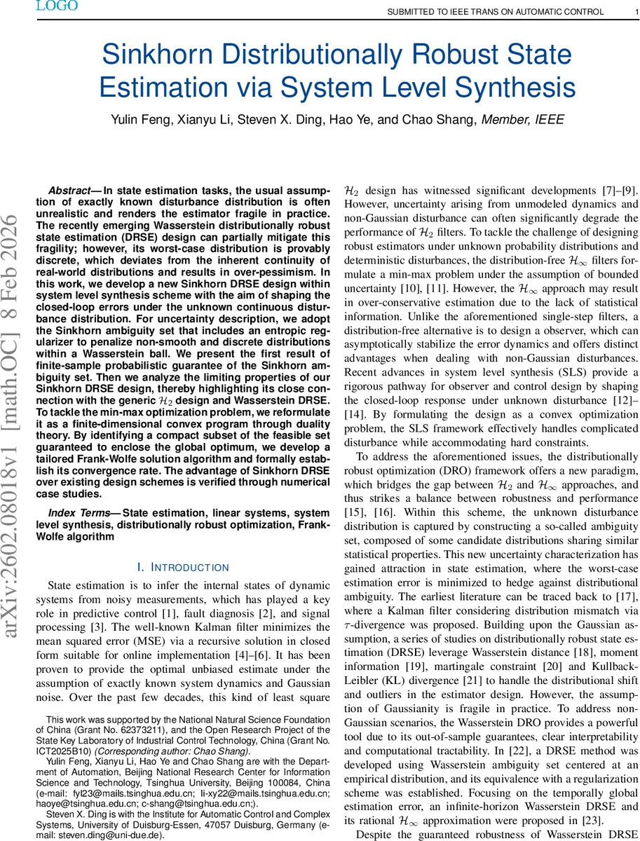 Sinkhorn Distributionally Robust State Estimation via System Level Synthesis
