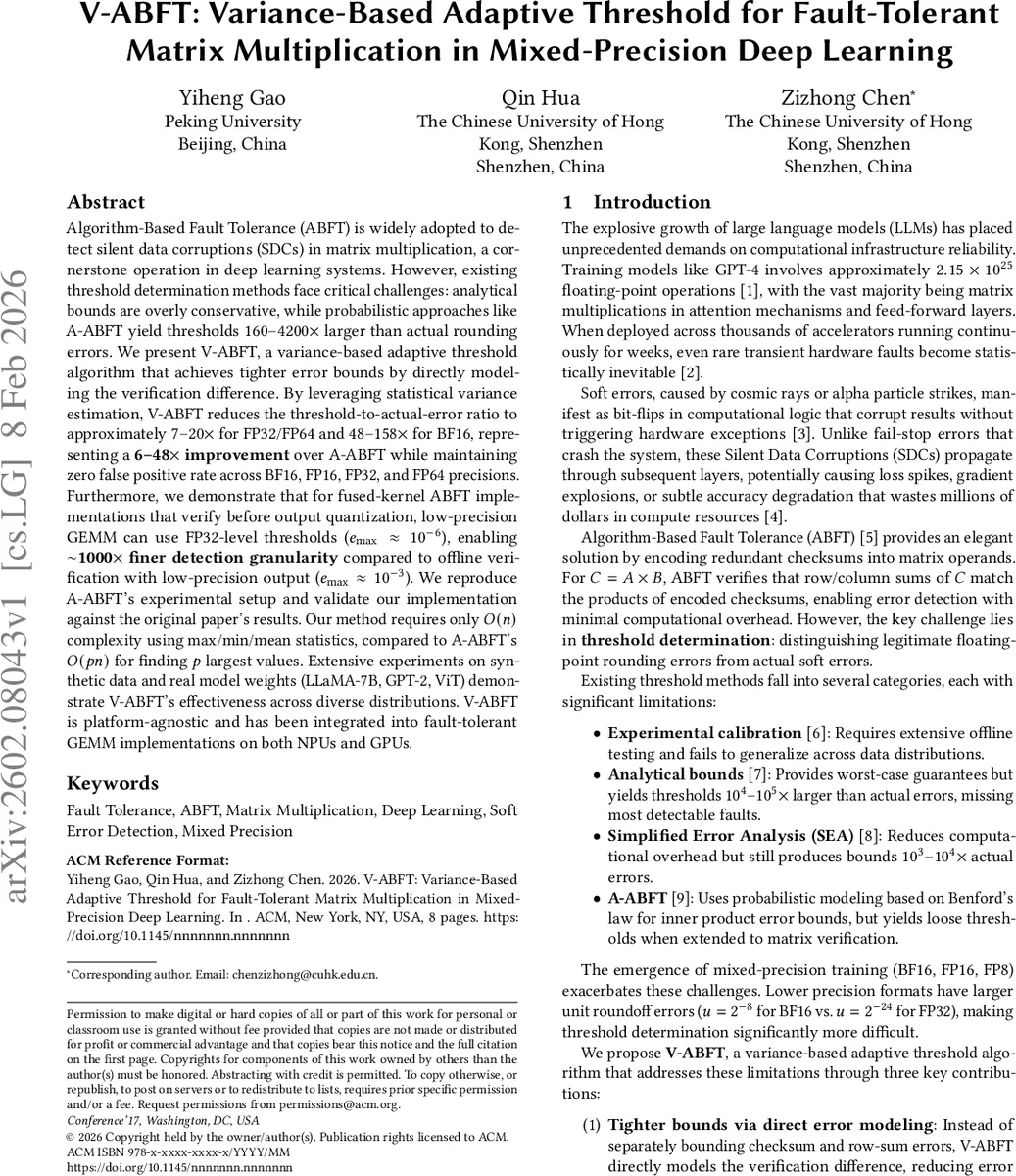 V-ABFT: Variance-Based Adaptive Threshold for Fault-Tolerant Matrix Multiplication in Mixed-Precision Deep Learning