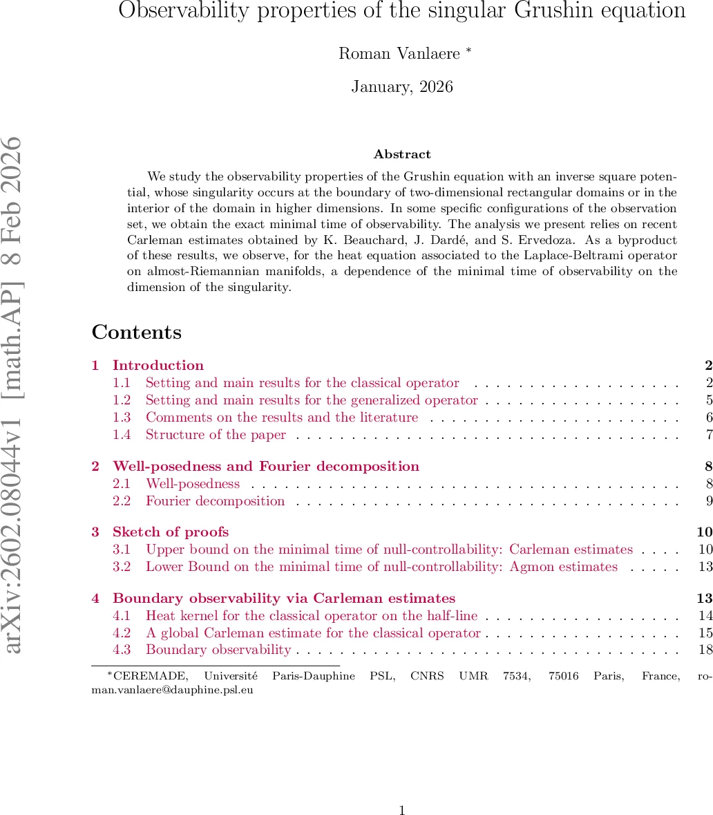 Observability properties of the singular Grushin equation