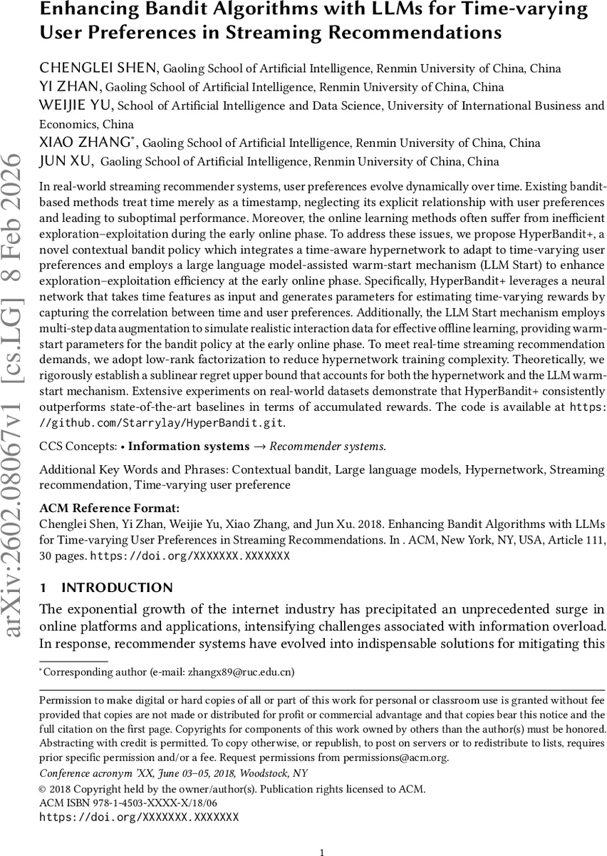 Enhancing Bandit Algorithms with LLMs for Time-varying User Preferences in Streaming Recommendations