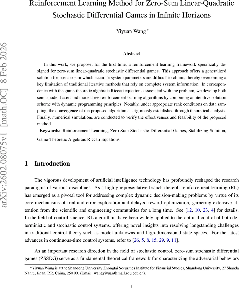 Reinforcement Learning Method for Zero-Sum Linear-Quadratic Stochastic Differential Games in Infinite Horizons