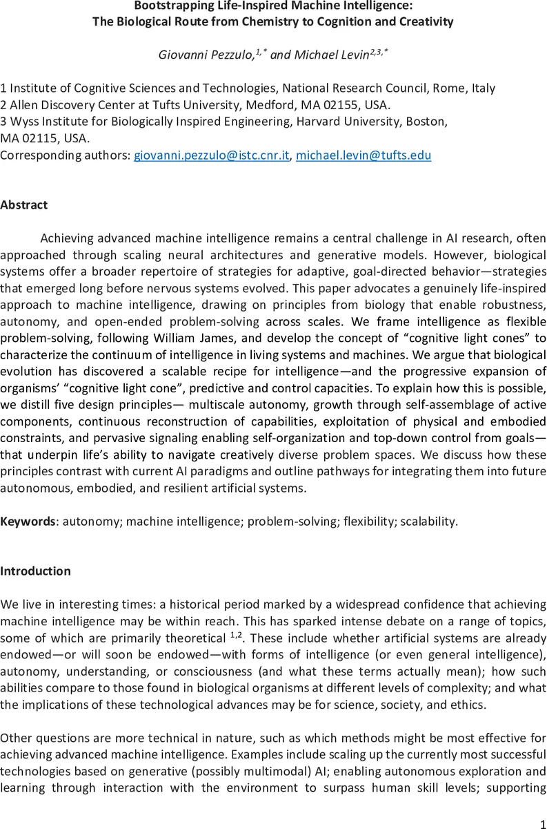 Bootstrapping Life-Inspired Machine Intelligence: The Biological Route from Chemistry to Cognition and Creativity