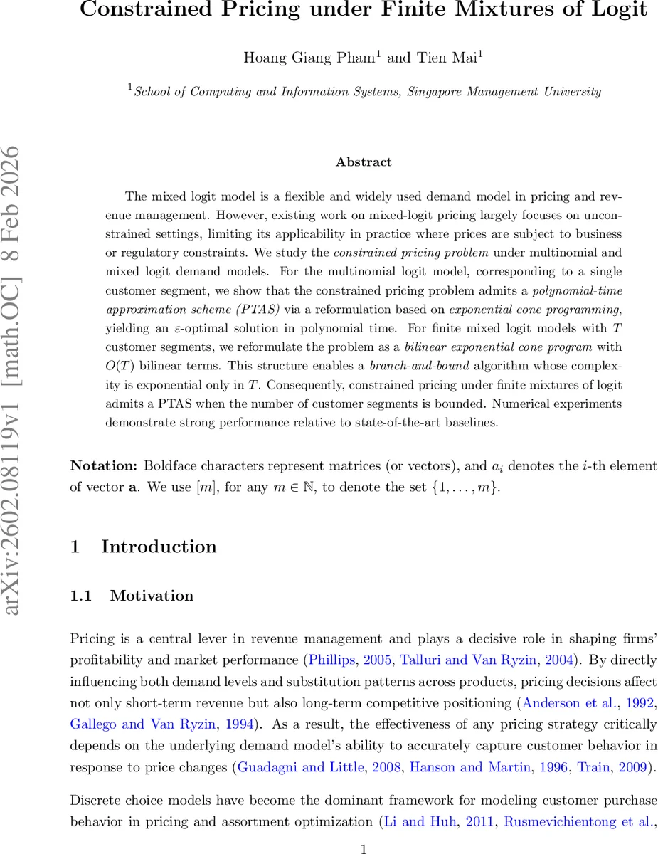 Constrained Pricing under Finite Mixtures of Logit