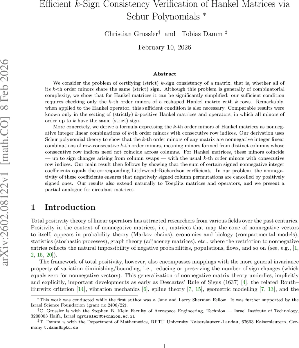Efficient $k$-Sign Consistency Verification of Hankel Matrices via Schur Polynomials