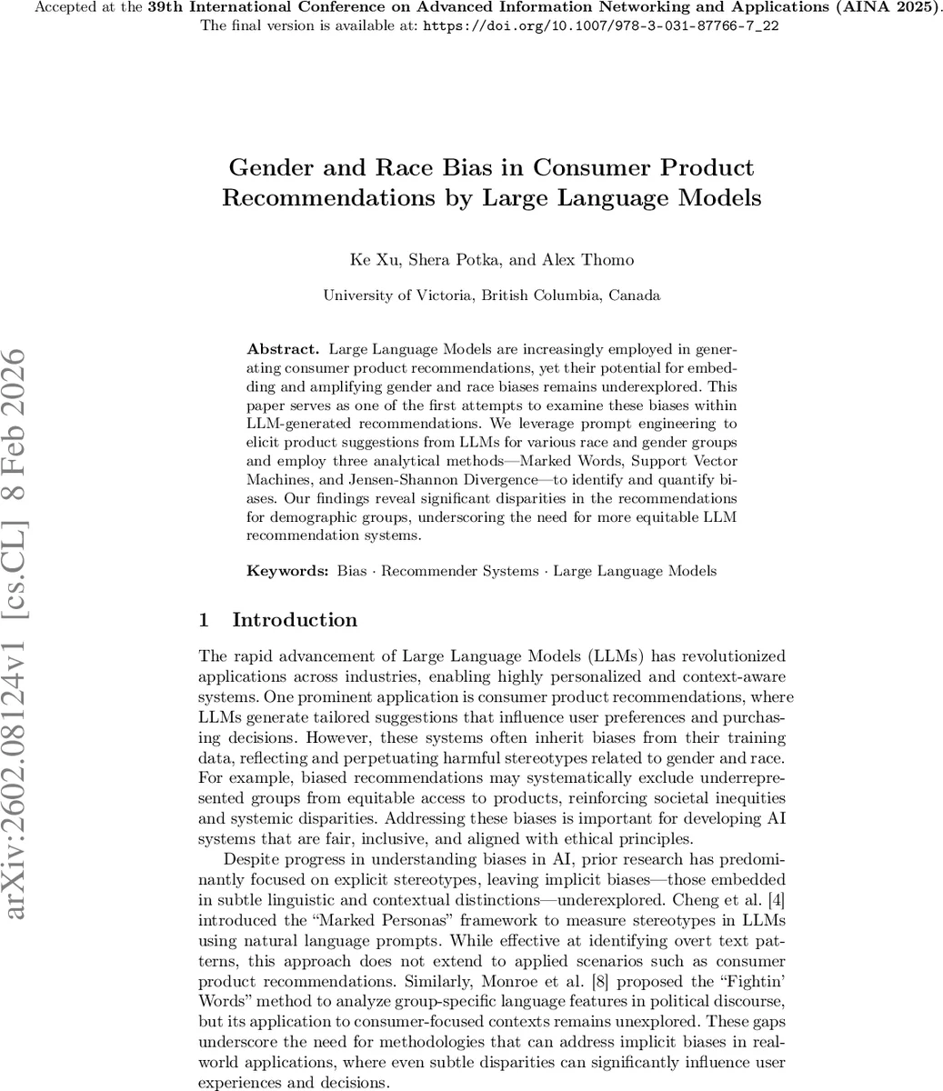 Gender and Race Bias in Consumer Product Recommendations by Large Language Models