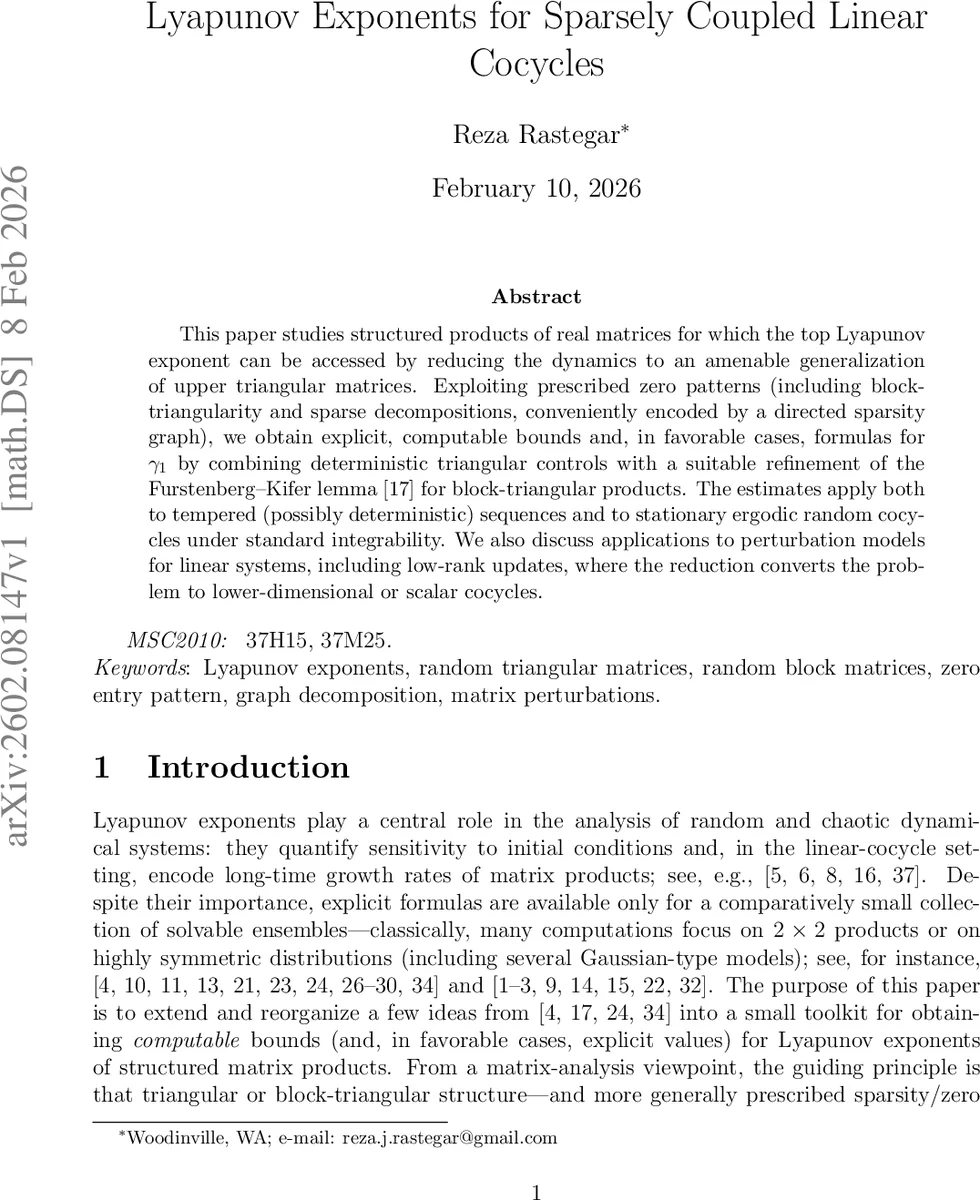 Lyapunov Exponents for Sparsely Coupled Linear Cocycles