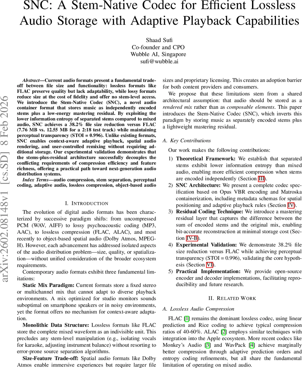 SNC: A Stem-Native Codec for Efficient Lossless Audio Storage with Adaptive Playback Capabilities