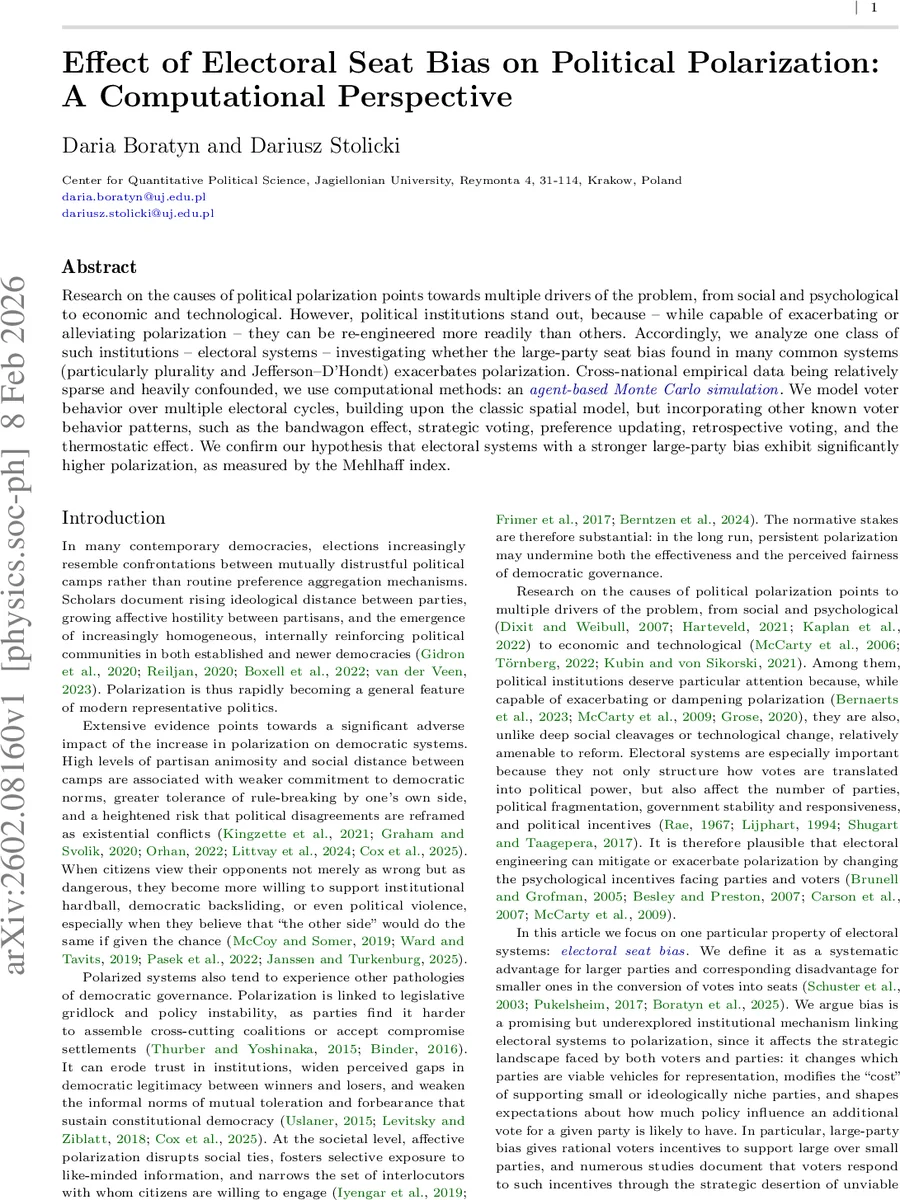 Effect of Electoral Seat Bias on Political Polarization: A Computational Perspective