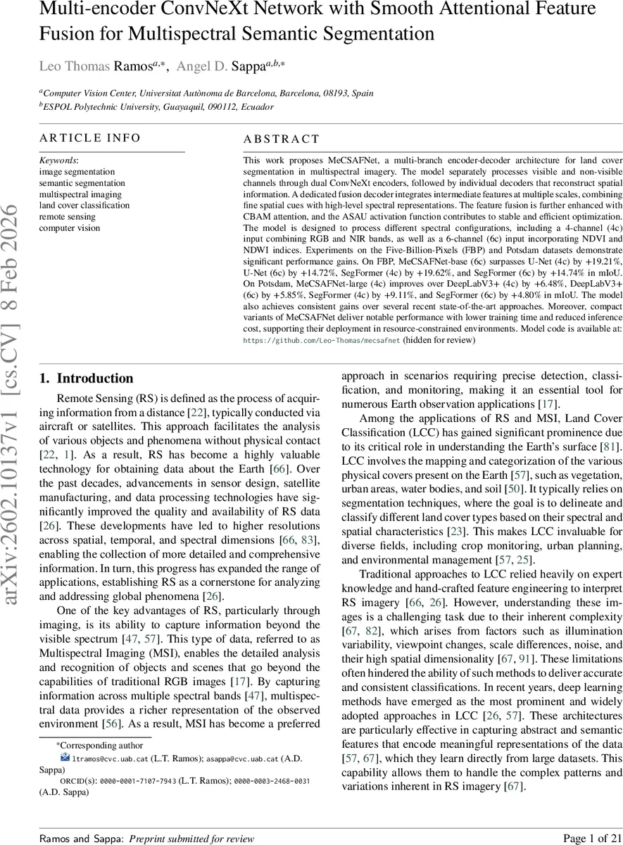 Multi-encoder ConvNeXt Network with Smooth Attentional Feature Fusion for Multispectral Semantic Segmentation