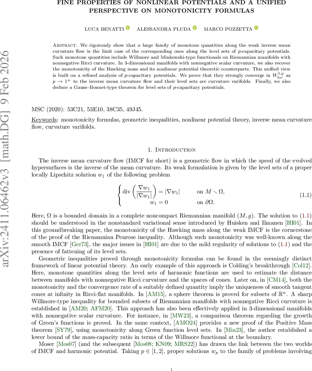 Fine properties of nonlinear potentials and a unified perspective on monotonicity formulas