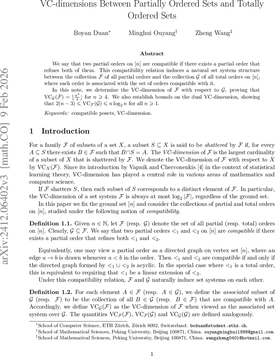 VC-dimensions Between Partially Ordered Sets and Totally Ordered Sets