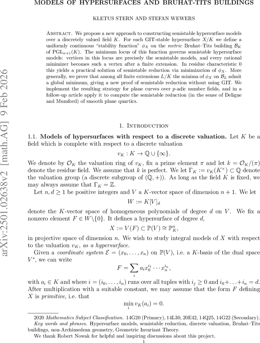 Models of hypersurfaces and Bruhat-Tits buildings