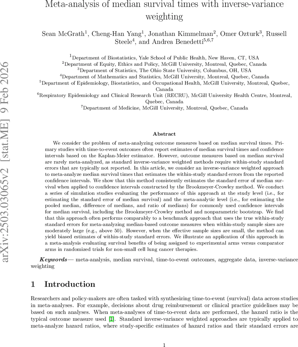 Meta-analysis of median survival times with inverse-variance weighting